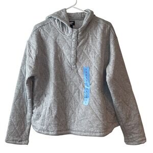 Lands' End Quilted Pullover Hoodie Women's Large Gray Snap Neck Top Flaw New